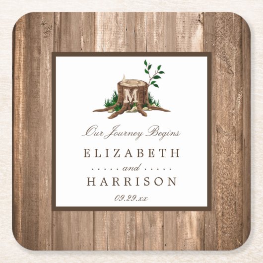 Country Rustic Monogram Tree & Wood Wedding Rechteckiger Pappuntersetzer (Vorderseite)