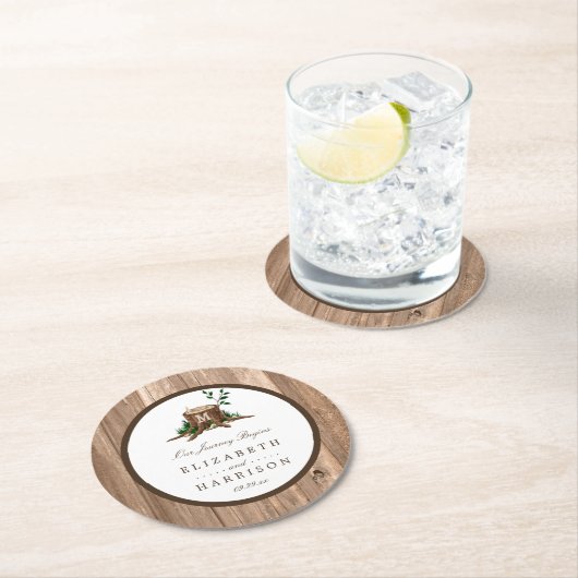 Country Rustic Monogram Tree & Wood Wedding Runder Pappuntersetzer (Vor Ort)