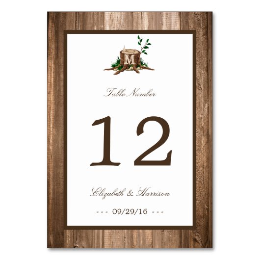 Country Rustic Monogram Tree & Wood Wedding Tischnummer (Rückseite)