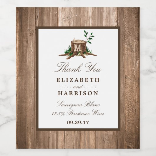 Country Rustic Monogram Tree & Wood Wedding Weinetikett (Einzelnes Label)