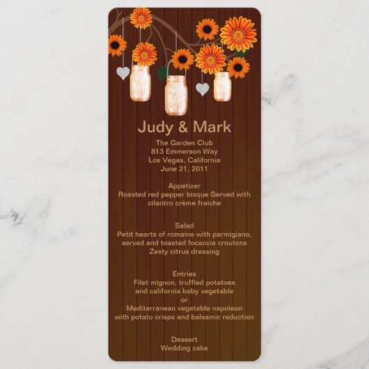 Country Rustic Orange Mason Jars Wedding Menu Card Menükarte (Vorderseite)
