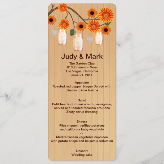 Country Rustic Orange Mason Jars Wedding Menu Card Menükarte (Vorderseite)