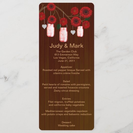 Country Rustic Red Mason Jars Wedding Menu Card Menükarte (Vorderseite)