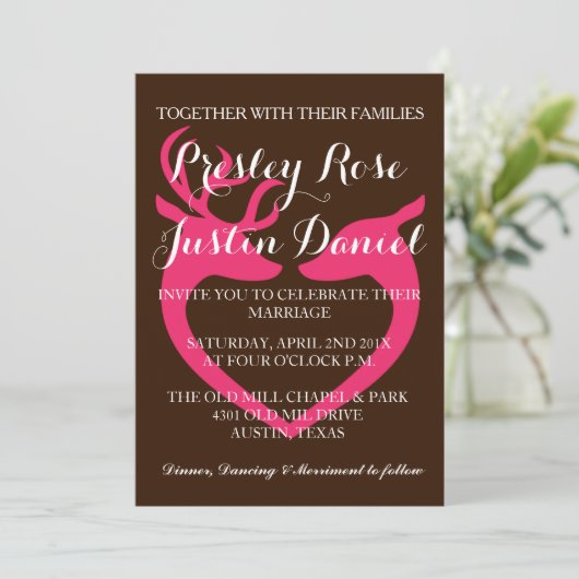 Country Rustic Rosa Hirsch Liebe Hochzeit Einladung (Stehend Vorderseite)