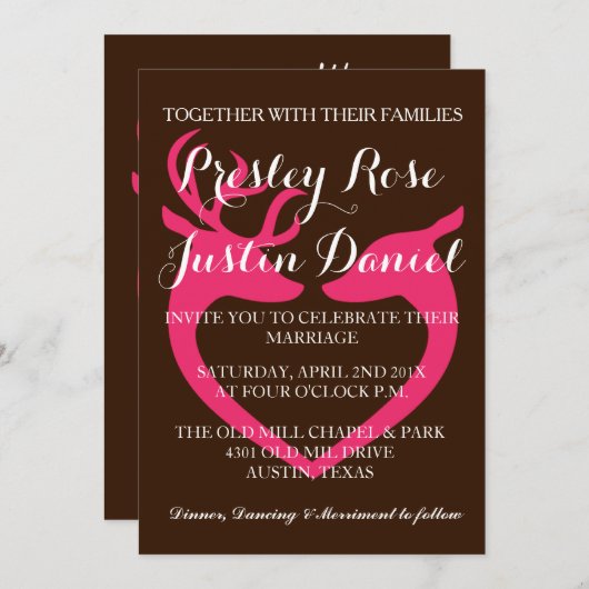 Country Rustic Rosa Hirsch Liebe Hochzeit Einladung (Vorne/Hinten)