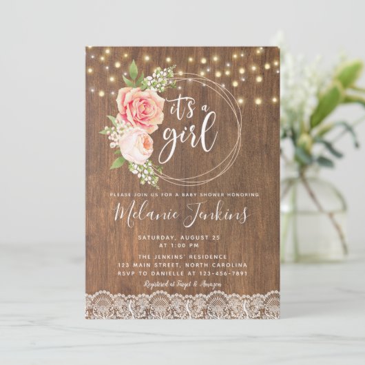Country Rustic Rose Girl Babydusche Einladung (Stehend Vorderseite)