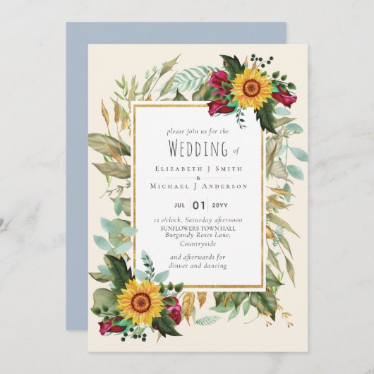 Country Rustic Sonnenblumen Burgund Rose Hochzeit (Vorne/Hinten)