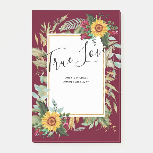 Country Rustic Sonnenblumen Burgund Rose Hochzeit Post-it Klebezettel (Vorderseite)