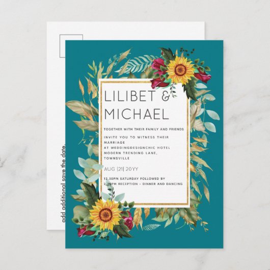 Country Rustic Sonnenblumen Burgund Rose Hochzeit Postkarte (Vorne/Hinten)