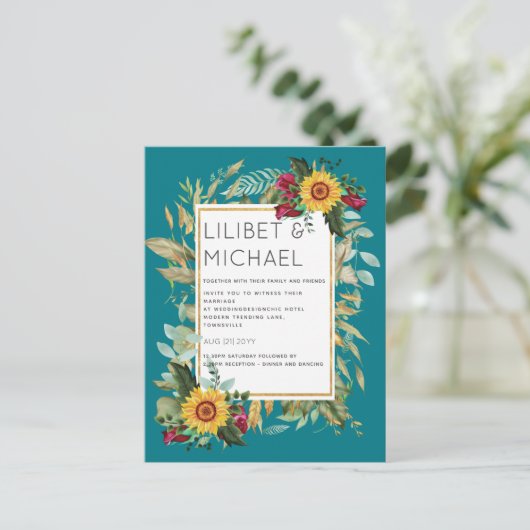 Country Rustic Sonnenblumen Burgund Rose Hochzeit Postkarte (Stehend Vorderseite)