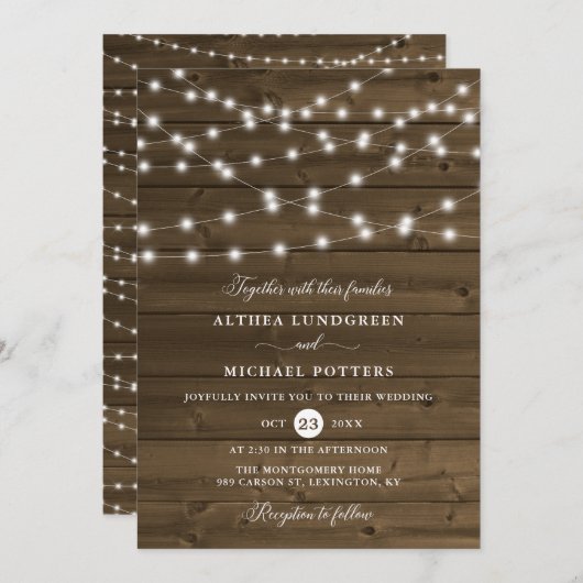 Country Rustic String Lights Wood Wedding Einladung (Vorne/Hinten)