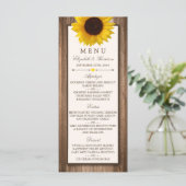Country Rustic Sunflower & Brown Wood Wedding Menü Menükarte (Stehend Vorderseite)