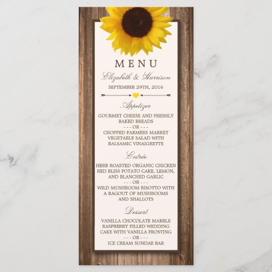 Country Rustic Sunflower & Brown Wood Wedding Menü Menükarte (Vorderseite)