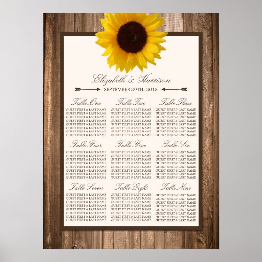 Country Rustic Sunflower & Brown Wood Wedding Poster (Vorne)