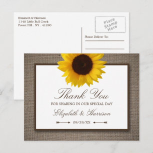 Country Rustic Sunflower & Burlap Vielen Dank Postkarte