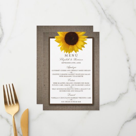 Country Rustic Sunflower & Burlap Wedding Menü Menükarte (Vorderseite/Rückseite Beispiel)