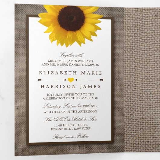 Country Rustic Sunflower & Burlap Wedding Suite Dreifach Gefaltete Einladung (Innen Erste Seite)