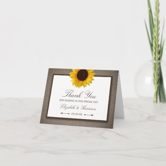Country Rustic Sunflower & Burlap Wedge Dankeskarte (Vorderseite)
