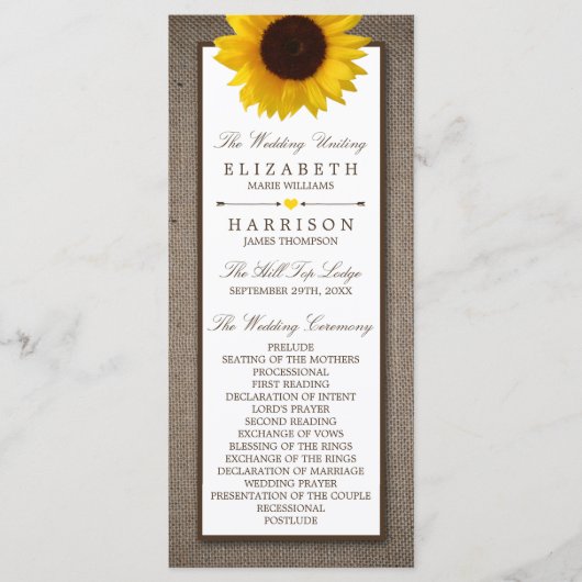 Country Rustic Sunflower & Burlap Wedge Programm (Vorderseite)