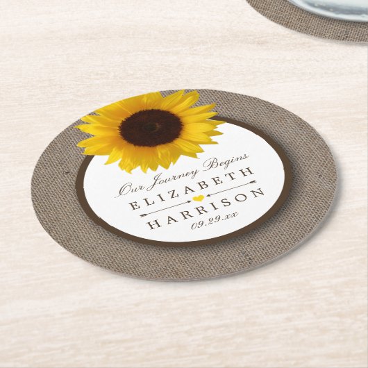 Country Rustic Sunflower & Burlap Wedge Runder Pappuntersetzer (Angewinkelt)