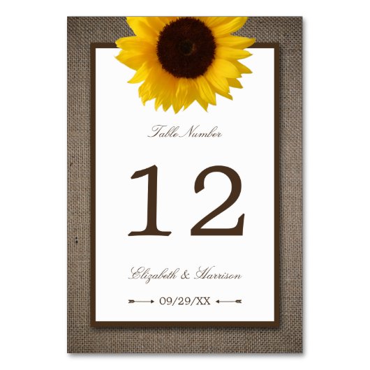 Country Rustic Sunflower & Burlap Wedge Tischnummer (Vorderseite)