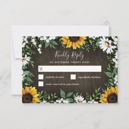 Country Rustic Sunflower Daisy Wedding RSVP Cards Karte (Vorderseite)