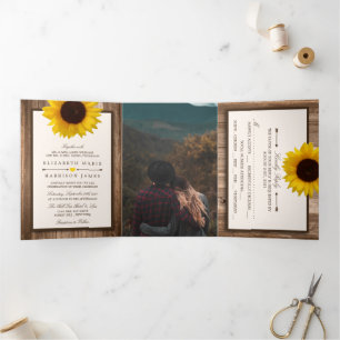 Country Rustic Sunflower & Wood Wedding Suite Dreifach Gefaltete Einladung