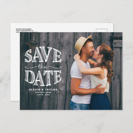 Country Rustic Typografy Foto Save the Date Ankündigungspostkarte (Vorne/Hinten)
