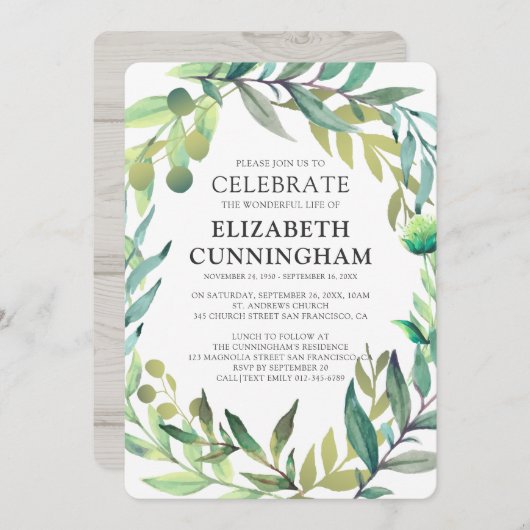 Country Rustic Watercolor Foliage Memorial Einladung (Vorne/Hinten)