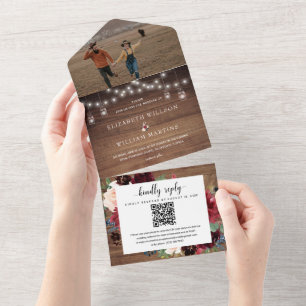 Country Rustic Wood & Floral Wedding QR Code Foto All In One Einladung