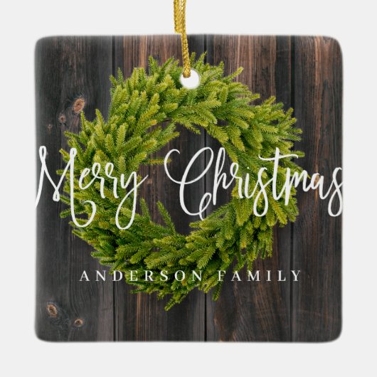 Country Rustic Wood frohe Weihnachtsgrüße Keramikornament (Vorderseite)