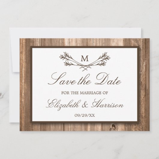 Country Rustic Wood Monogram Branch Save the Date (Vorderseite)