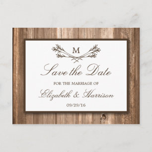Country Rustic Wood Monogram Branch Save the Date Ankündigungspostkarte