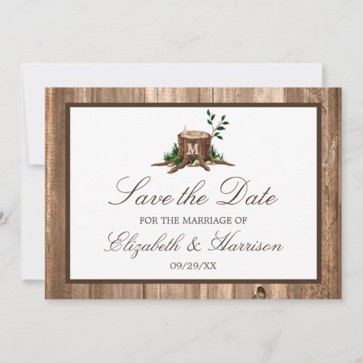 Country Rustic Wood Monogram Tree Save the Date (Vorderseite)