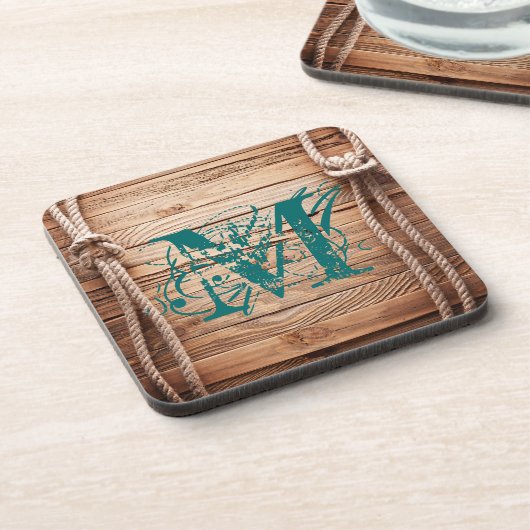 Country Rustic Wood Rope Monogram Drink Untersetze Getränkeuntersetzer (Linke Seite)