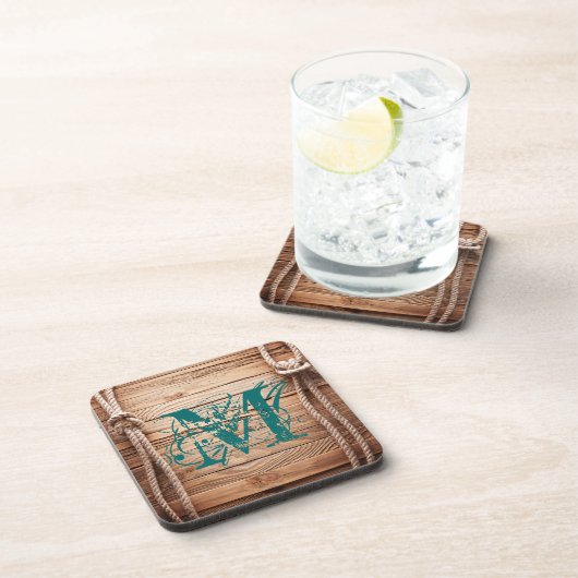 Country Rustic Wood Rope Monogram Drink Untersetze Getränkeuntersetzer (Rechte Seite)