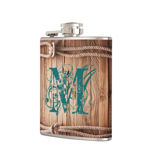 Country Rustic Wood Rope Monogram Whiskey Flask Flachmann (Links)