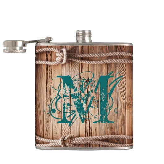 Country Rustic Wood Rope Monogram Whiskey Flask Flachmann (Geöffnet)