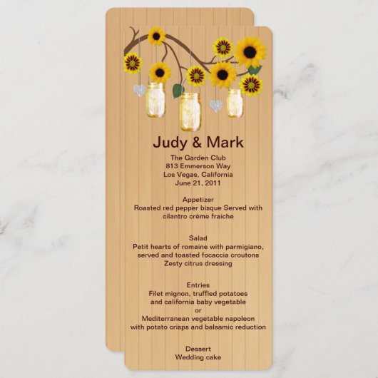 Country Rustic Yellow Mason Jars Wedding Menu Card Menükarte (Vorne/Hinten)