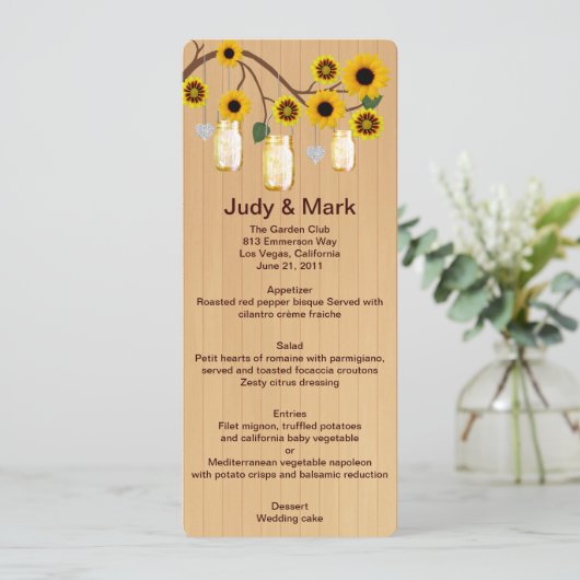 Country Rustic Yellow Mason Jars Wedding Menu Card Menükarte (Stehend Vorderseite)