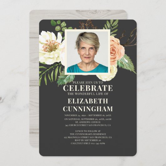 Country Rustico Florals Foto Memorial Einladung (Vorne/Hinten)