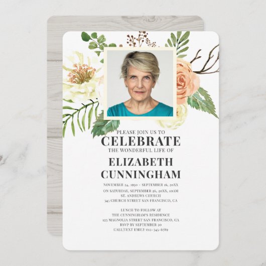 Country Rustico Florals Foto Memorial Einladung (Vorne/Hinten)