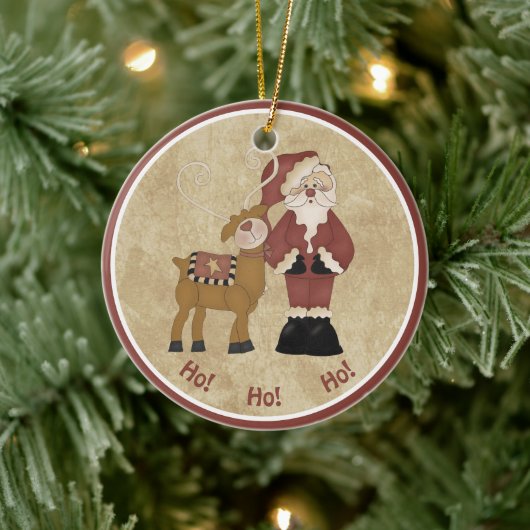 Country Santa und sein Rentier Keramik Ornament (Baum)