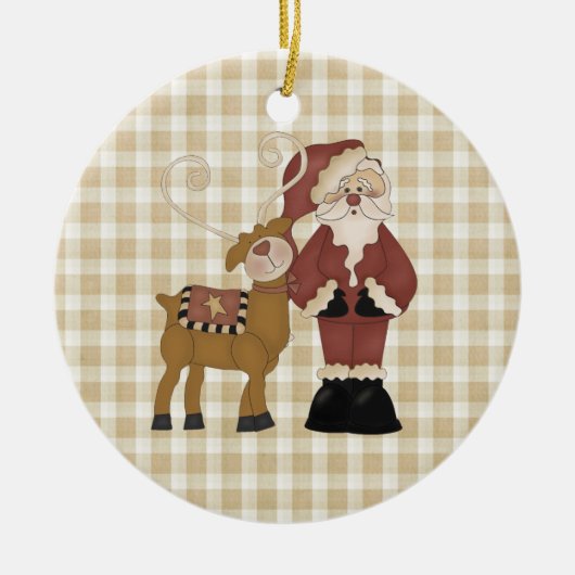 Country Santa und seine Rentier Keramik Ornament (Vorne)