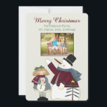 Country Snowman Christmas Foto Card Feiertagskarte<br><div class="desc">Stylish festive flat style Christmas greeting card done in off white, with country primitive graphics of a colorly dressed snowman and a little girl. Auf Rectangular foto area, above the graphics is ready to personalize with your picture. Custom text and greeting, at the top of the card, is ready to...</div>