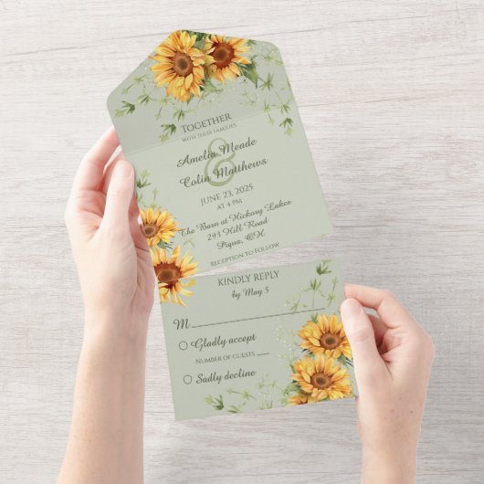 Country Sonnenblumen auf dem Gehege Grün All In One Einladung (Abreißen)