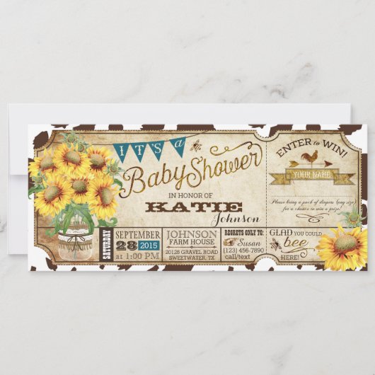 Country Sonnenblumen und Kuh Print Baby Dusche Einladung (Vorderseite)