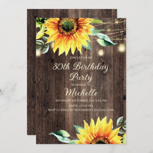 Country Stall String Lights Sonnenblume 80. Geburt Einladung (Vorne/Hinten)
