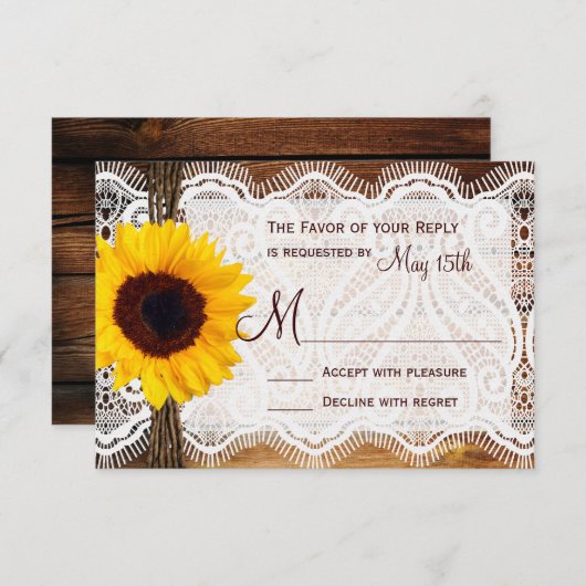 Country Stall Wood Lace Sunflower Wedding RSVP Car (Vorne/Hinten)