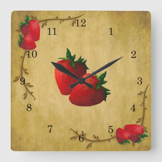 Country Strawberries Wall Clock Quadratische Wanduhr (Vorderseite)